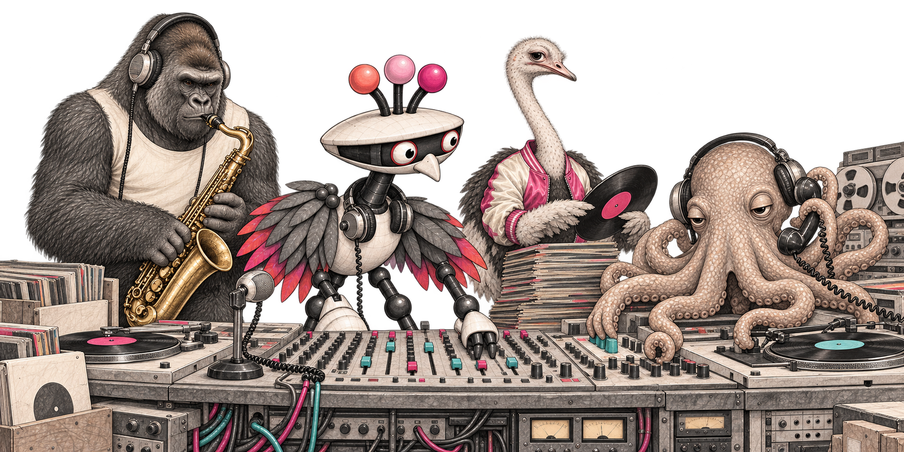 Turbie runs the mixing desk, a serious gorilla plays sax, an ostrich sorts records and an octopus handles the phones